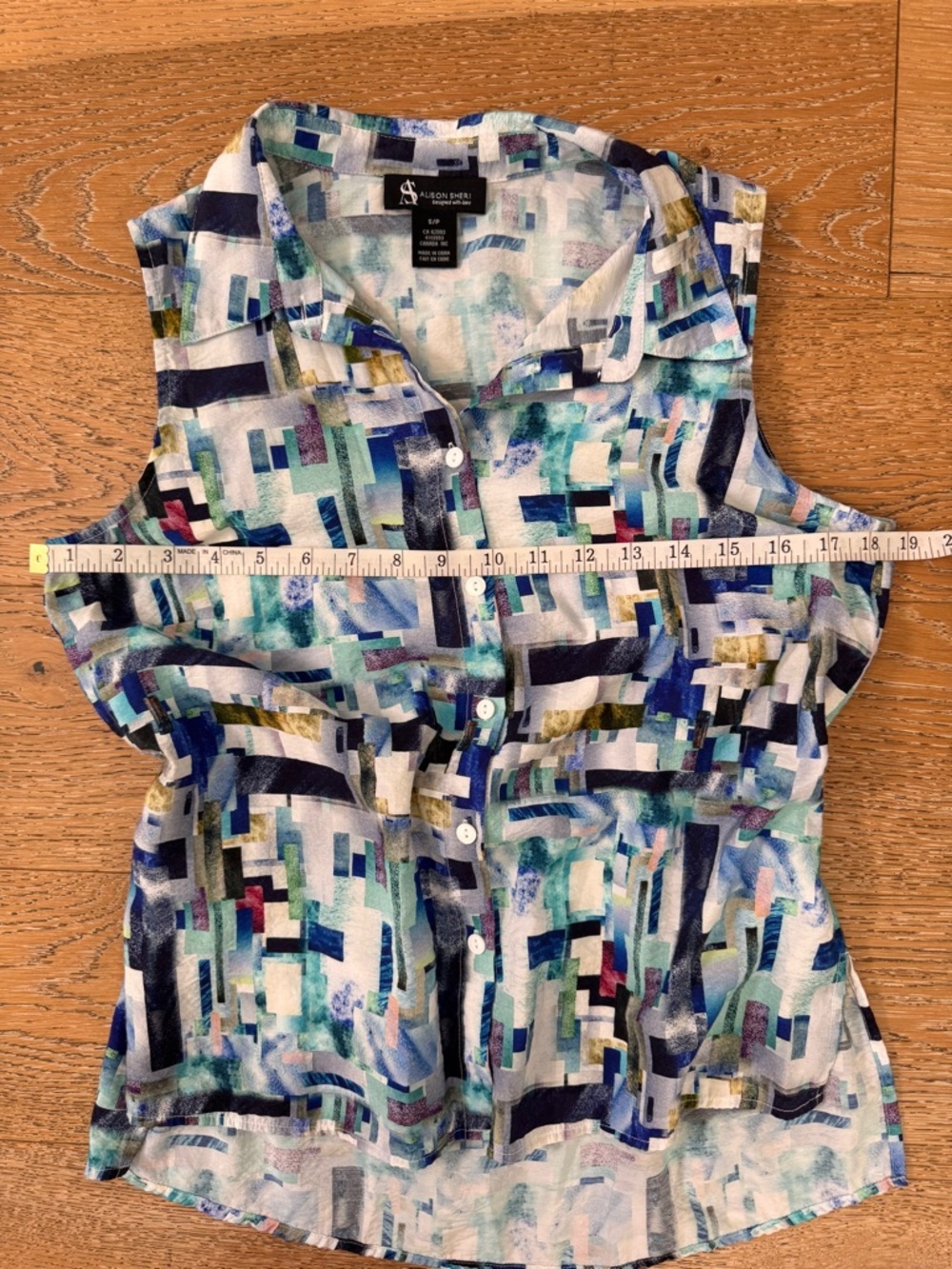 Sleeveless Button-Front Collared Top in Multicolor Blue Print Sz S - Picture 8 of 12